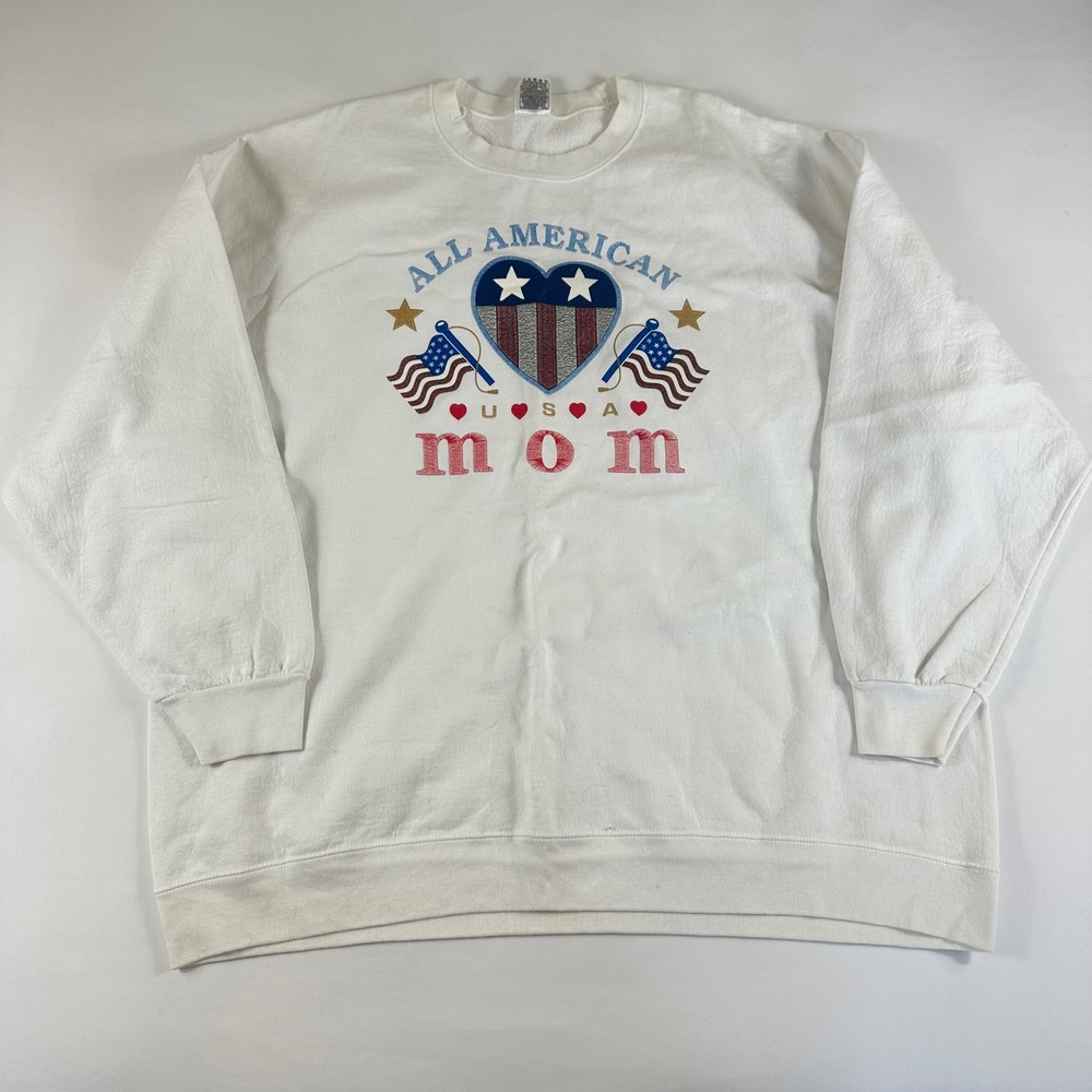 Fruit of the Loom Best All American Mom Sweatshirt XXXL White USA Heart Flags‎